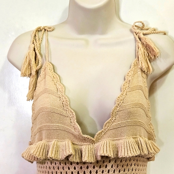 Papermoon Beige Knit V-Neckline Sleeveless Ruffle Boho Mini Dress,Medium - Picture 6 of 16